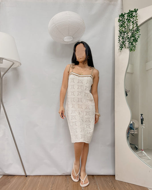 GU cream crochet tan straps midi dress Y50