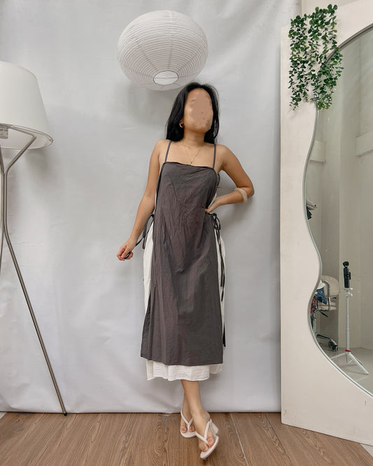 linen grayish midi dress with side ties and white slip underneath Y12