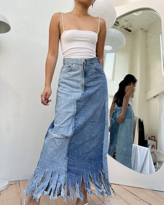 favorite raw hem two toned denim maxi skirt (V9)