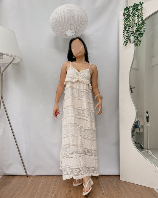 cream lace tiered maxi dress