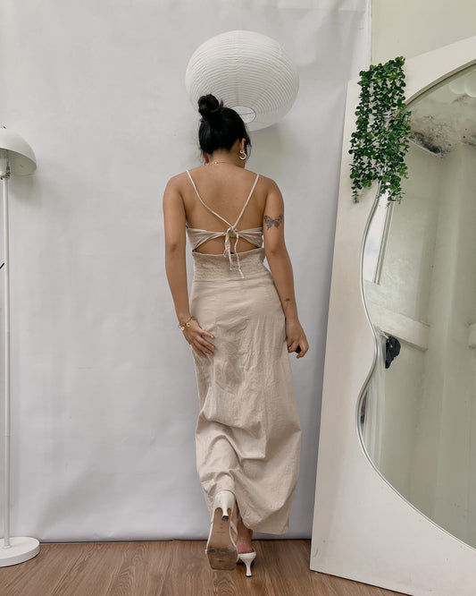 ZARA linen nude bustier style open back dress