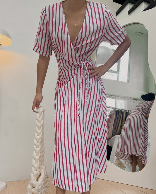 red and white striped linen self tie maxi dress