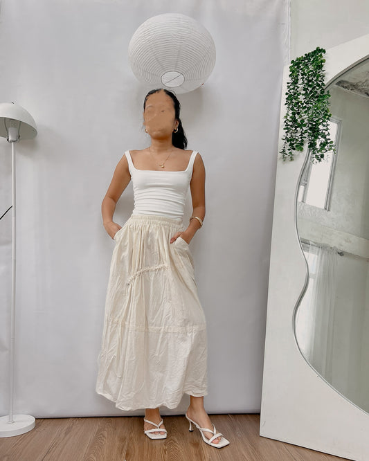 nude  maxi skirt with asymmetrical garterized ruching k2