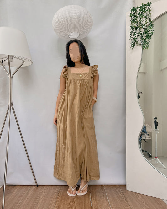 High quality linen tan ruffled straps tie back maxi dress