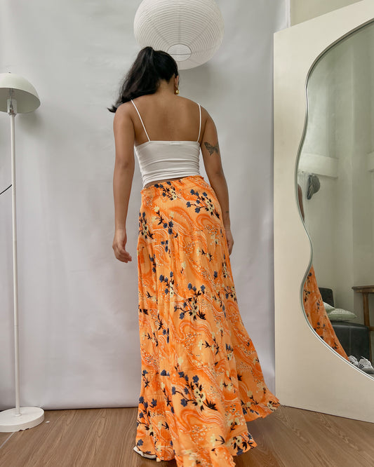orange floral tiered maxi skirt