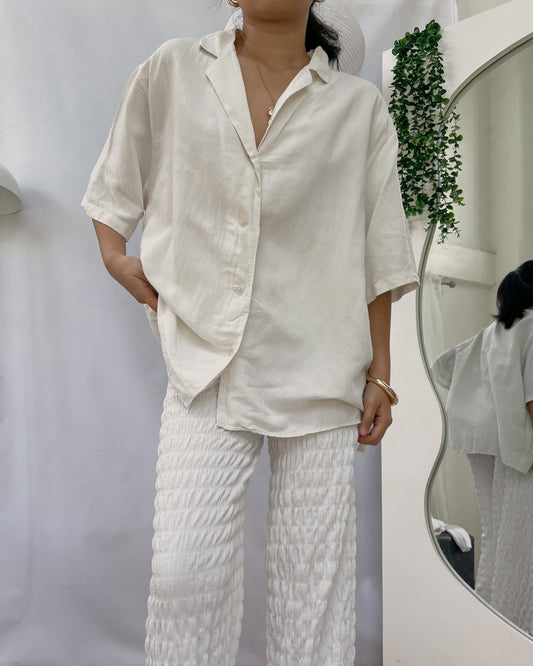 UNIQLO white oversize linen button down collard top