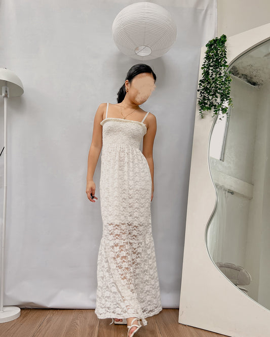 white lace maxi dress with bust smocking