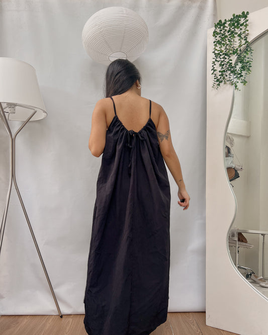 black pleated insane quality back tied maxi dress with thin straps Y14