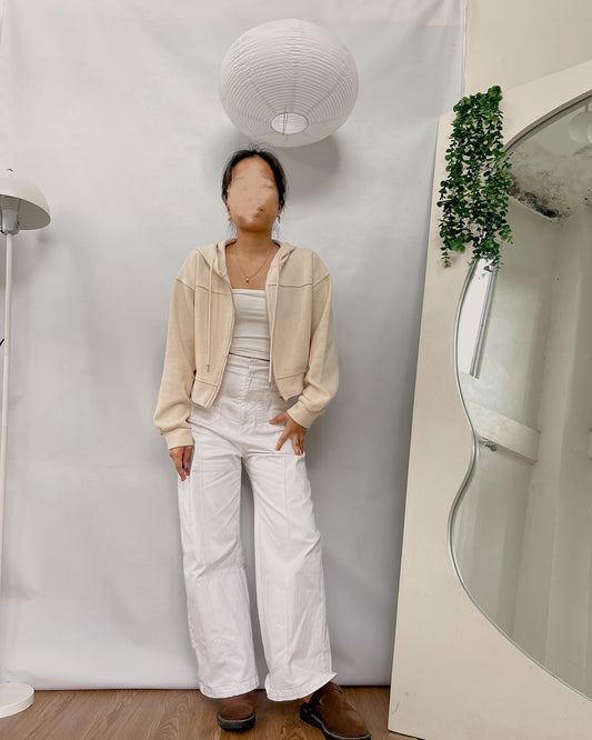 nude with yellow undertone waffle knit zip up hoodie