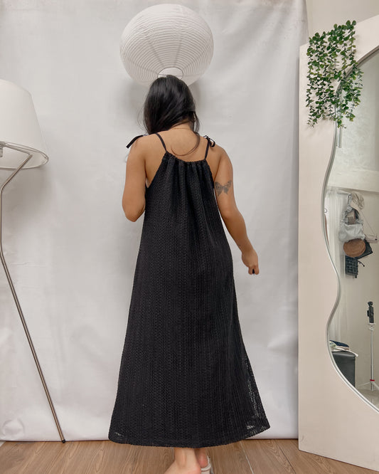 black knitted double lining maxi dress with tie straps Y13