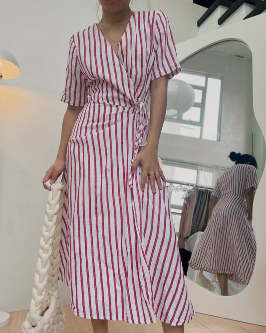 red and white striped linen self tie maxi dress