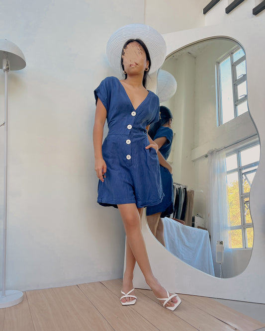 blue linen romper shorts