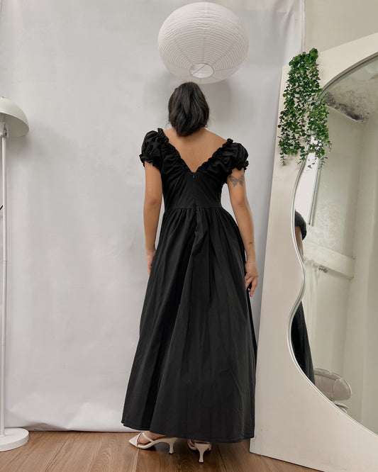 black pleated maxi dress with pockets