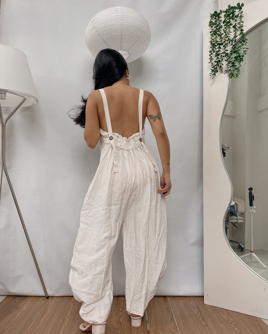 Linen white square neck wide leg backless jumpsuit Y41