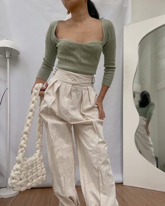 nude wide leg trousers with overlapping belt flap B16
