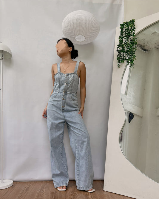 denim button down romper pants