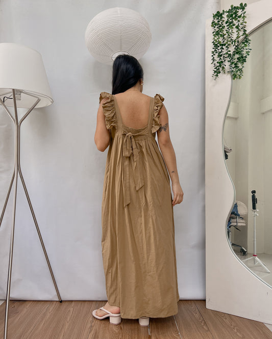 High quality linen tan ruffled straps tie back maxi dress