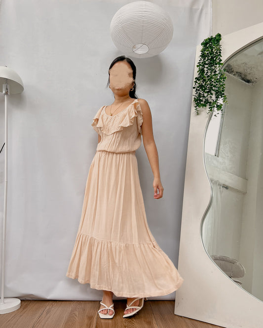 nude flowy pleated maxi dress