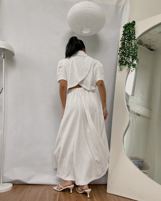 white collared shirt dress with open back detail