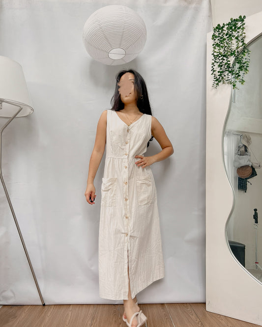 High quality linen off-white button down maxi dress with back hole Y34