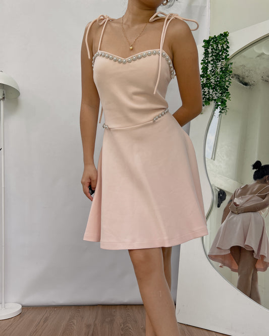 prettiest pink stretchy fabric self tie mini dress