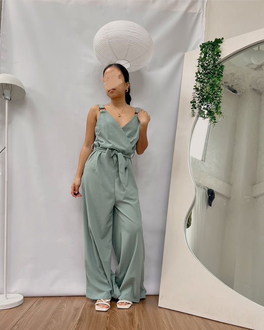 crepe fabric green romper pants