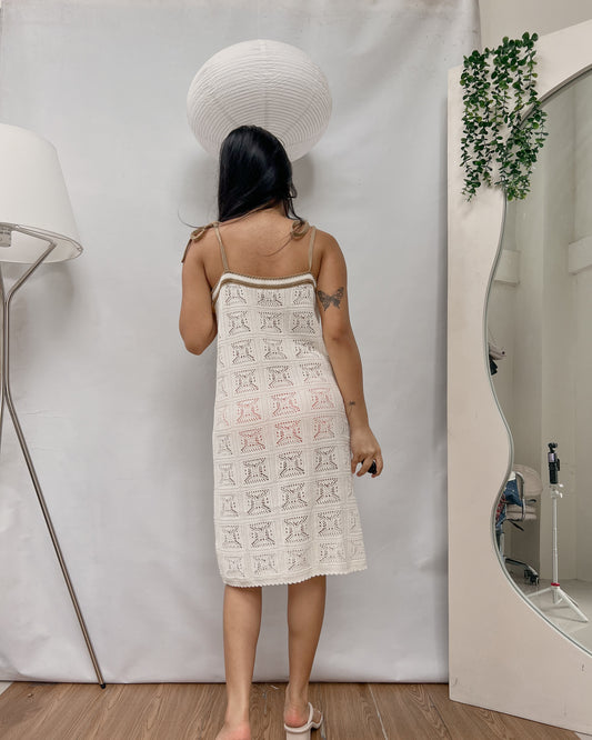 GU cream crochet tan straps midi dress Y50