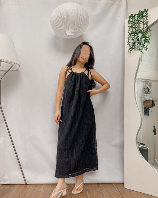 black knitted double lining maxi dress with tie straps Y13