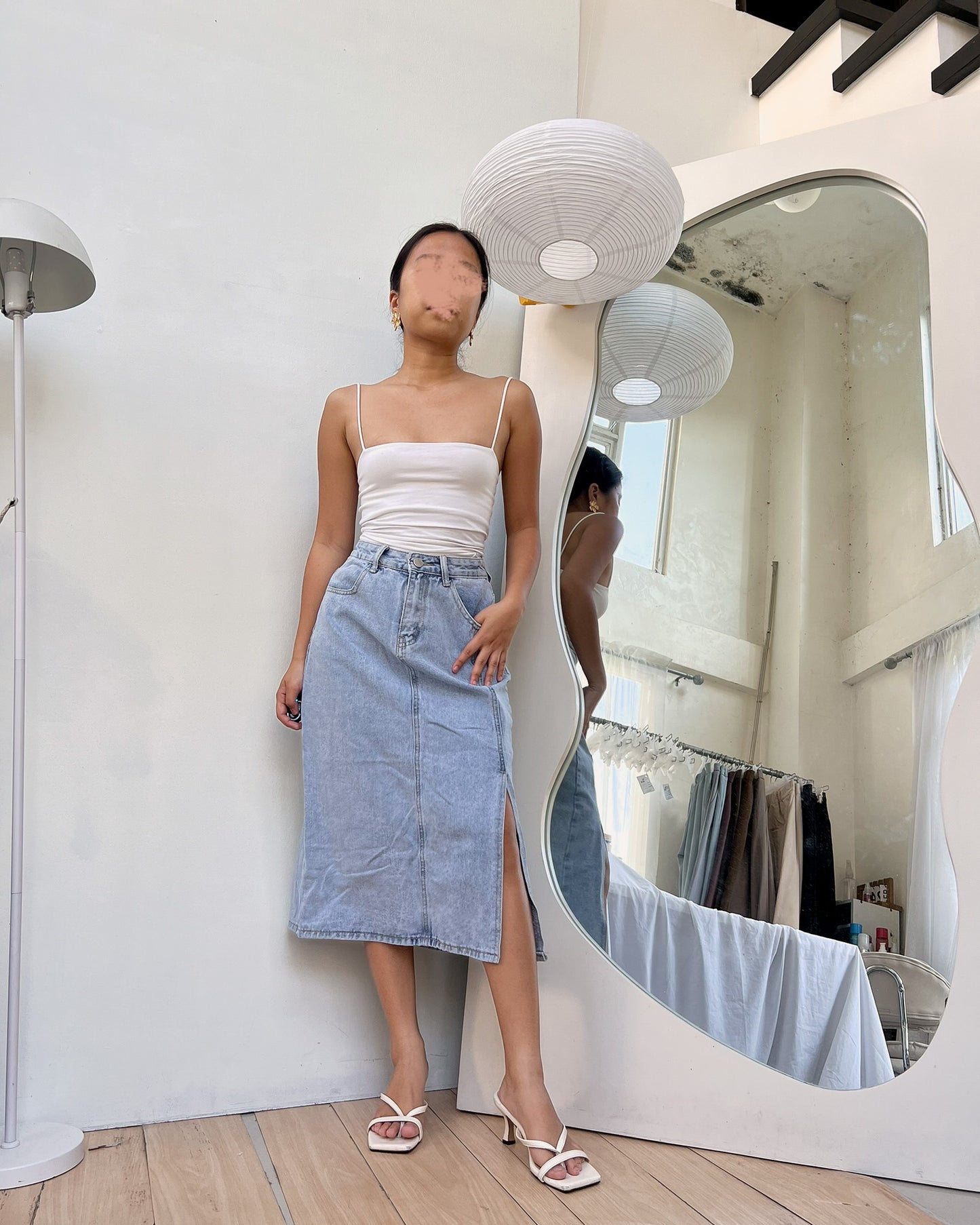 light washed denim midi skirt (V8)