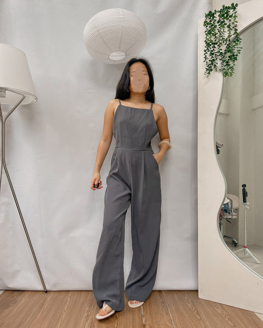 gray wide-leg backless jumpsuit Y20