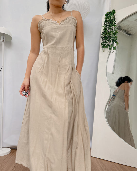 linen spaghetti strap maxi dress with curled bust hemline