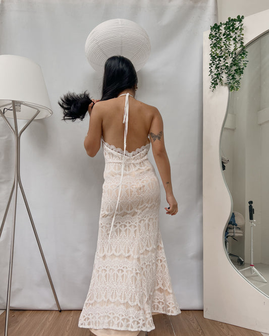 off white lace double lining halter backless maxi dress