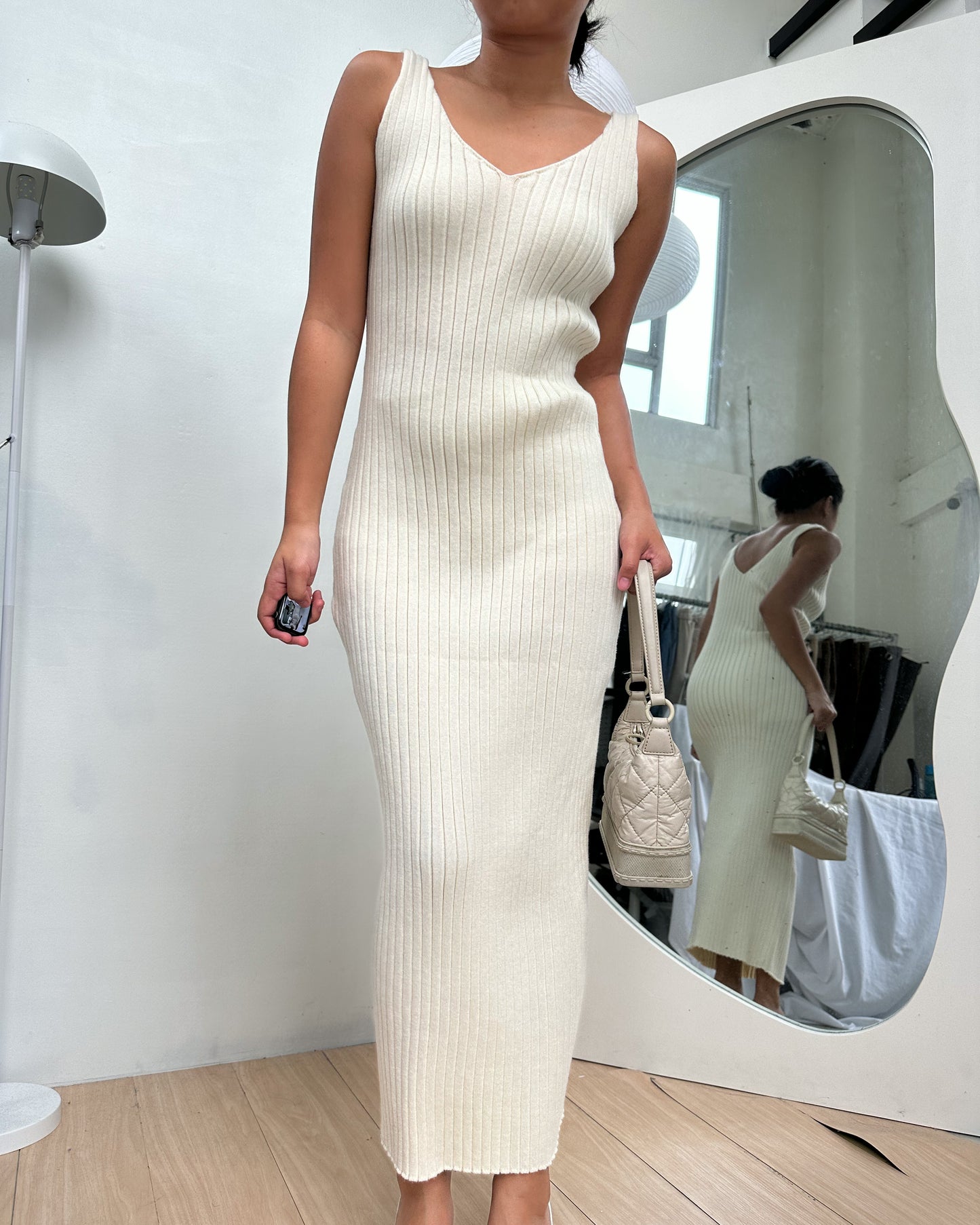 white ribbed knit V-neck maxi body hugging dress