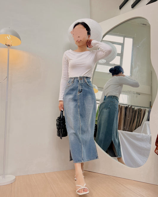 vintage washed soft denim maxi skirt (26-27)