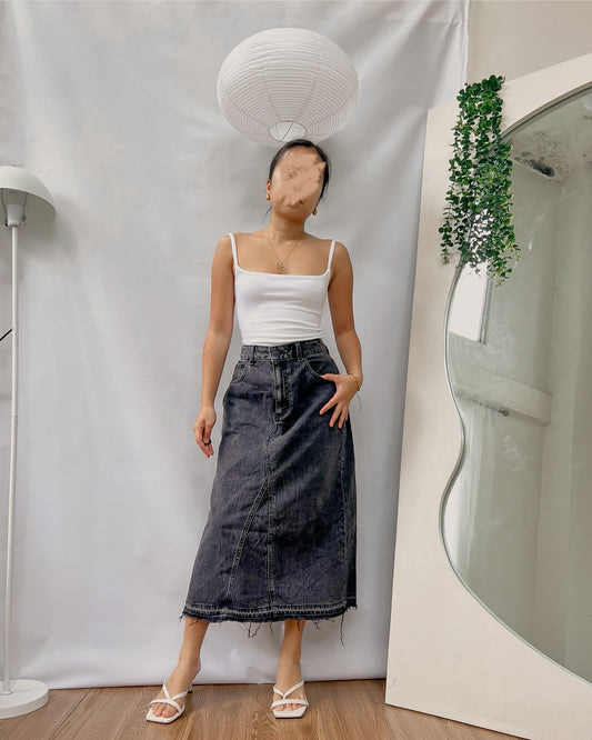 another favee GU high quality raw hem black denim maxi skirt z15
