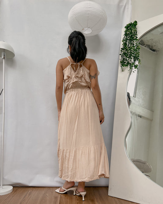 nude flowy pleated maxi dress