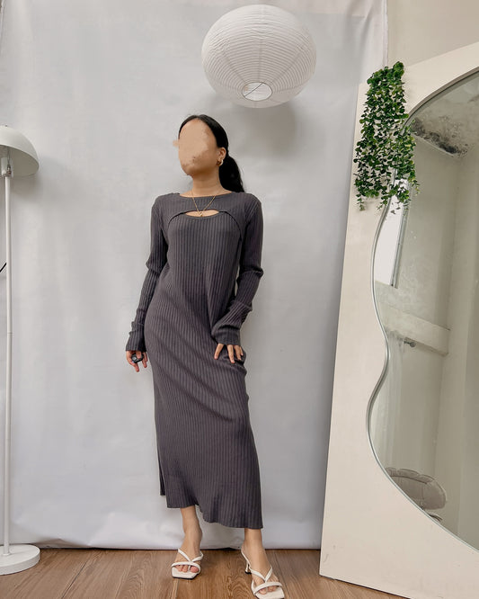 dark gray long sleeve soft ribbed knit maxi dress