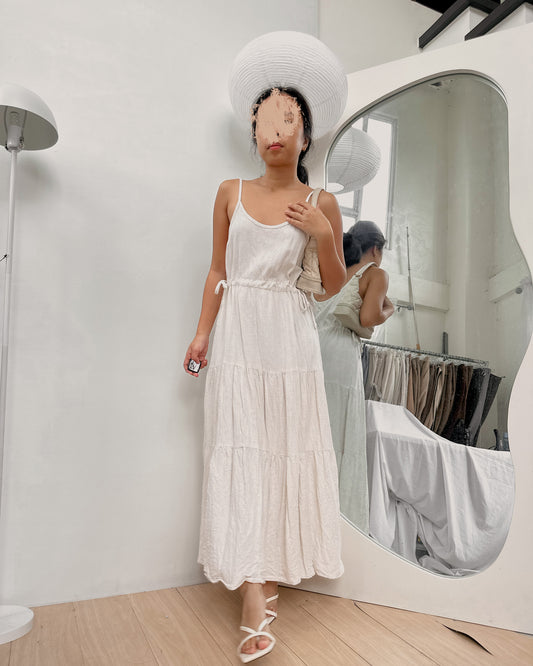 white tiered linen maxi dress