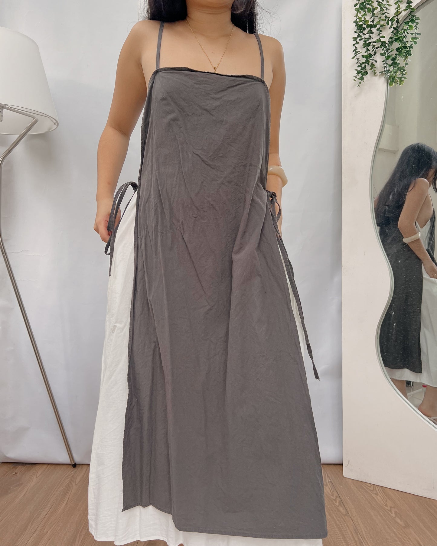 linen grayish midi dress with side ties and white slip underneath Y12