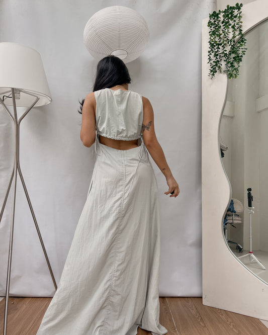 light pastel green nylon cutout back maxi dress