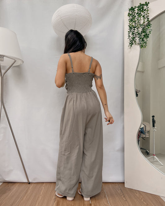taupe flowy wide leg jumpsuit with pocket Y25