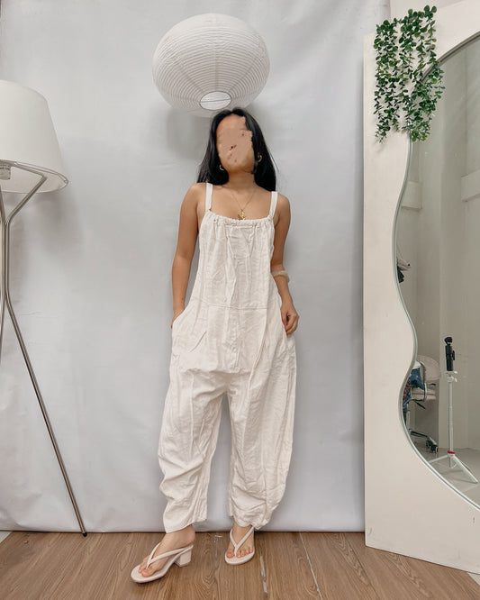 Linen white square neck wide leg backless jumpsuit Y41