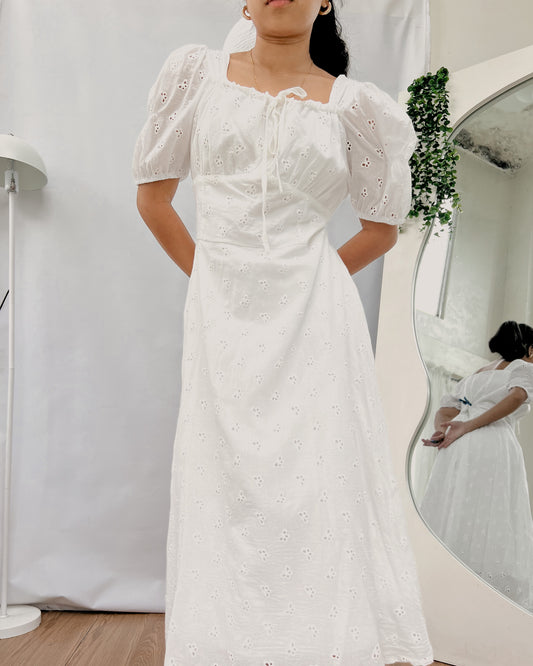 white eyelet maxi dress with puff sleeves