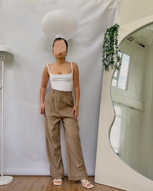brown pleated basic trousers z36