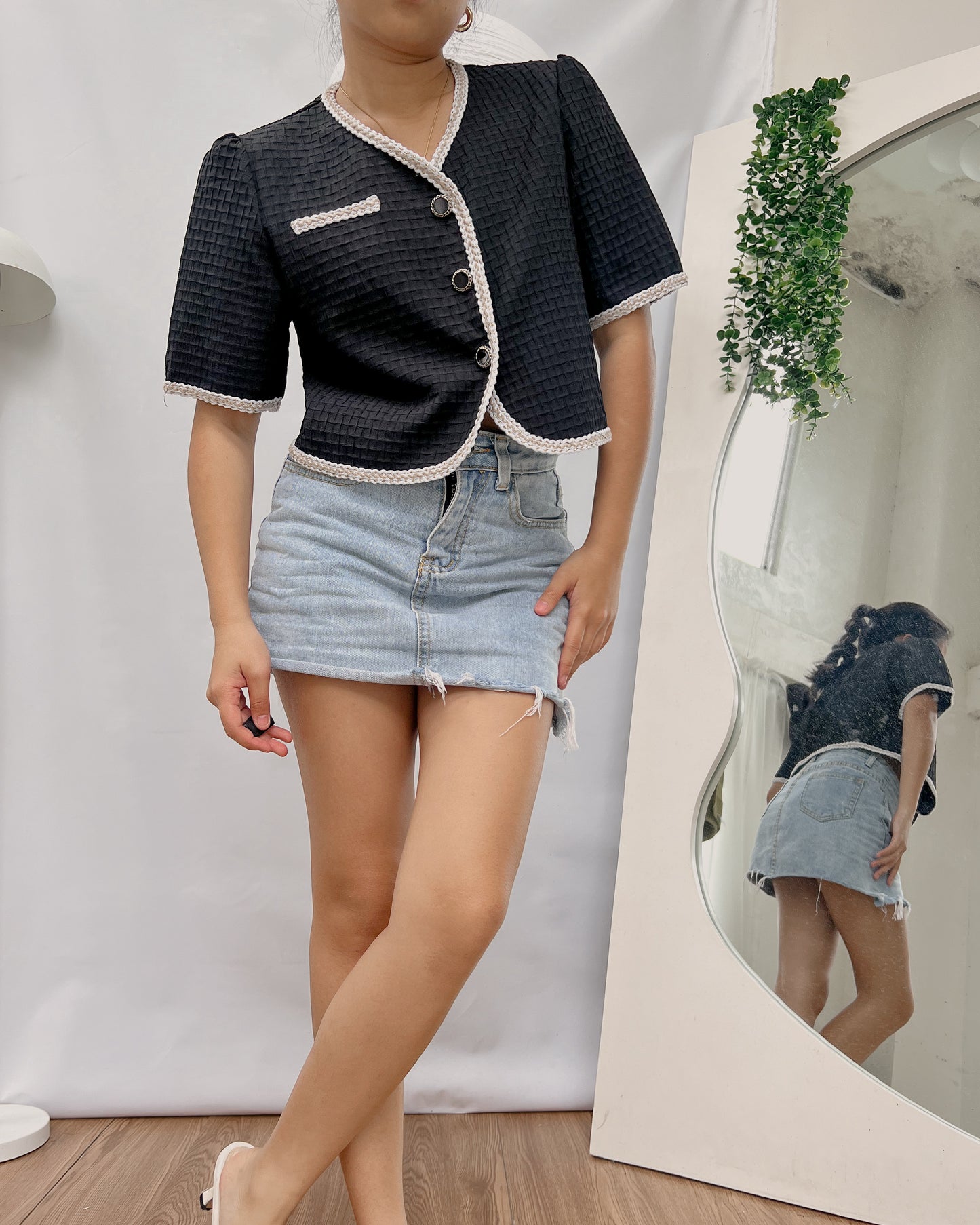 black tweed  crop top with white hemline T193