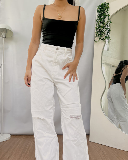 UNIQL0 white tattered denim wide leg pants F35