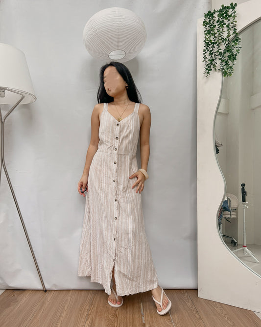 Linen beige striped button-down maxi dress Y52
