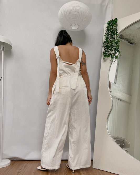 soft denim off white romper pants with waist cinch