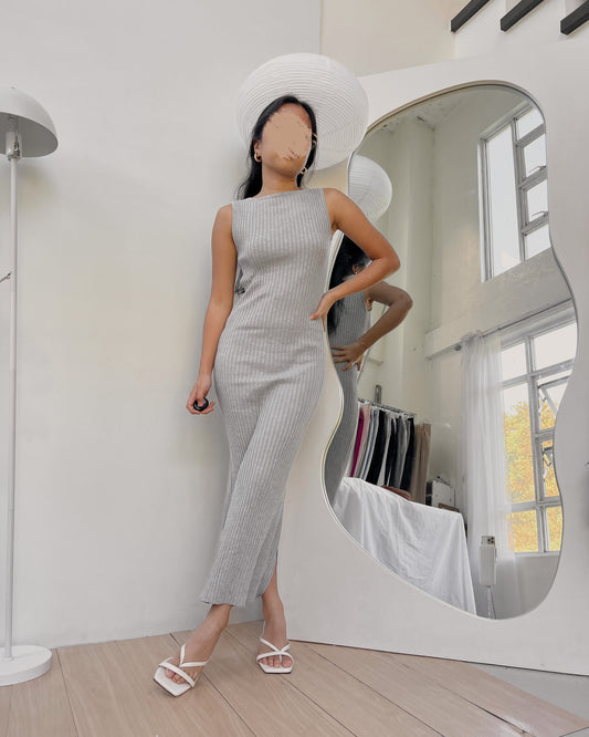 grey ribbed knit maxi dress