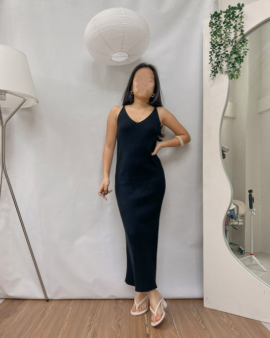 casual black ribbed knit maxi dress Y11